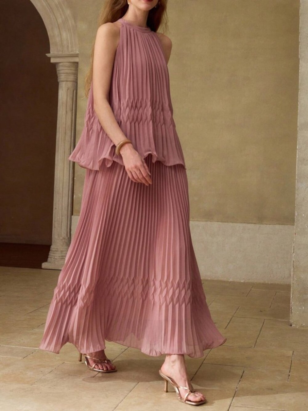 Dusty Rose Pleated Halter Maxi Dress with Smocked Waist Detail